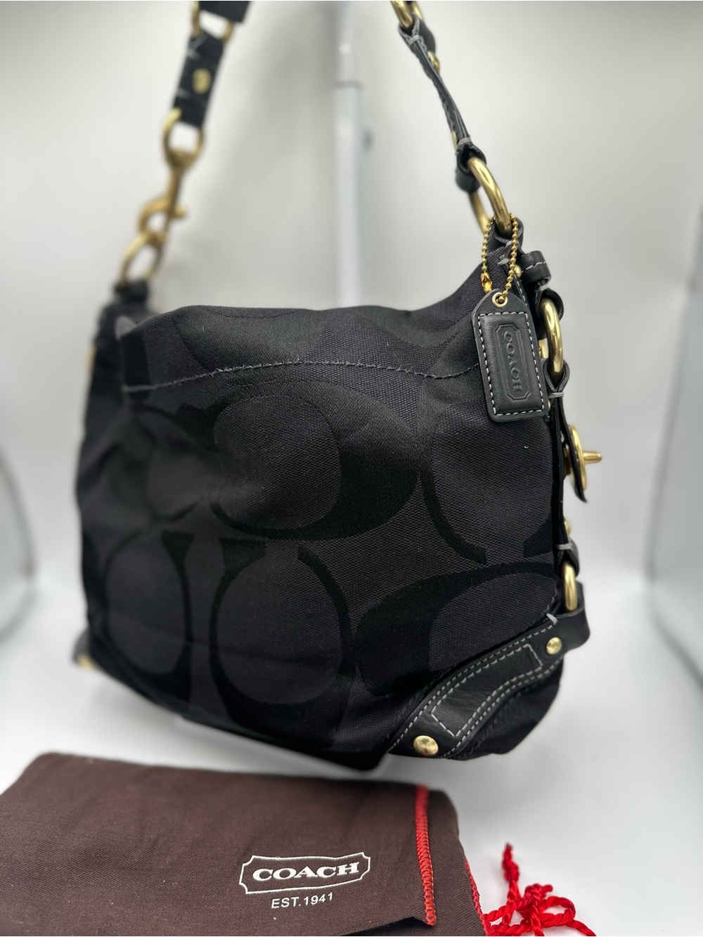 Coach 10619 Signature Carryall Hobo Shoulder Bag Black Leather Brass Y2K
